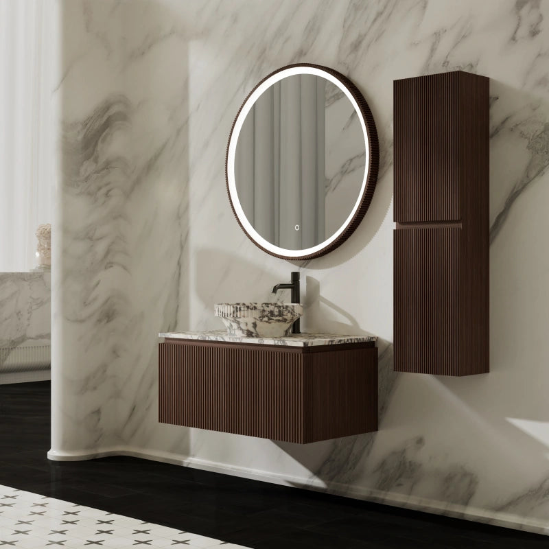 MonBlari Marble Basin Bathroom Vanity with Black Walnut Cabinet and Single Drawer