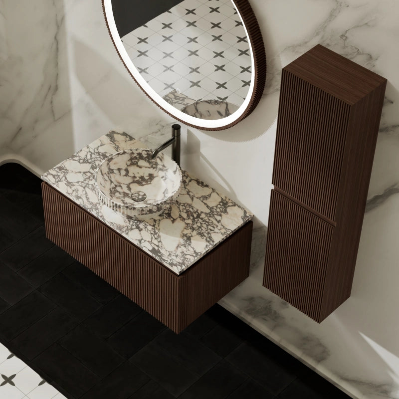 MonBlari Marble Basin Bathroom Vanity with Black Walnut Cabinet and Single Drawer