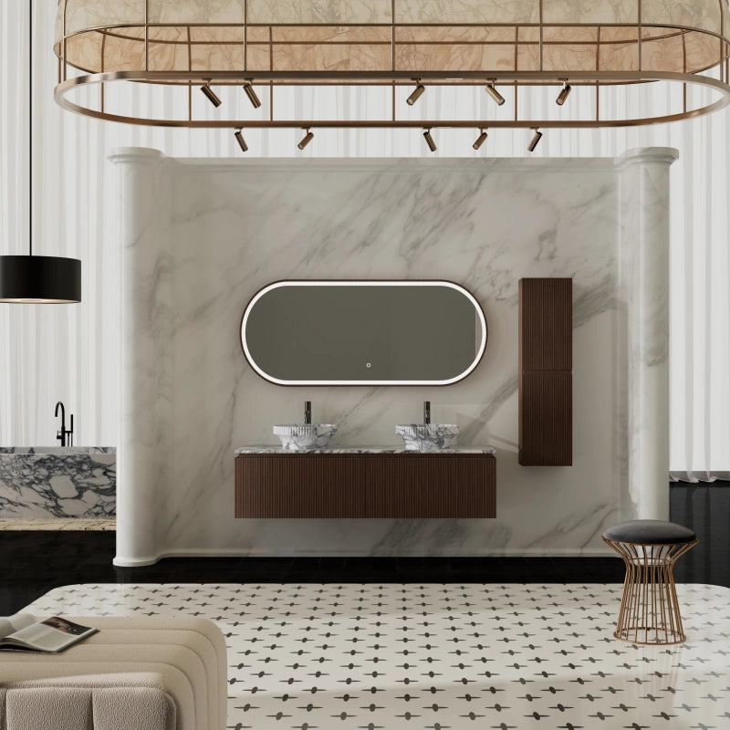 MonBlari Black Walnut Bathroom Vanity with Marble Basin and Two Storage Drawers