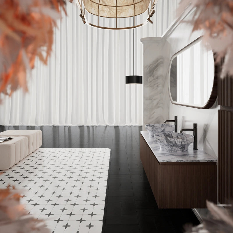 MonBlari Black Walnut Bathroom Vanity with Marble Basin and Two Storage Drawers