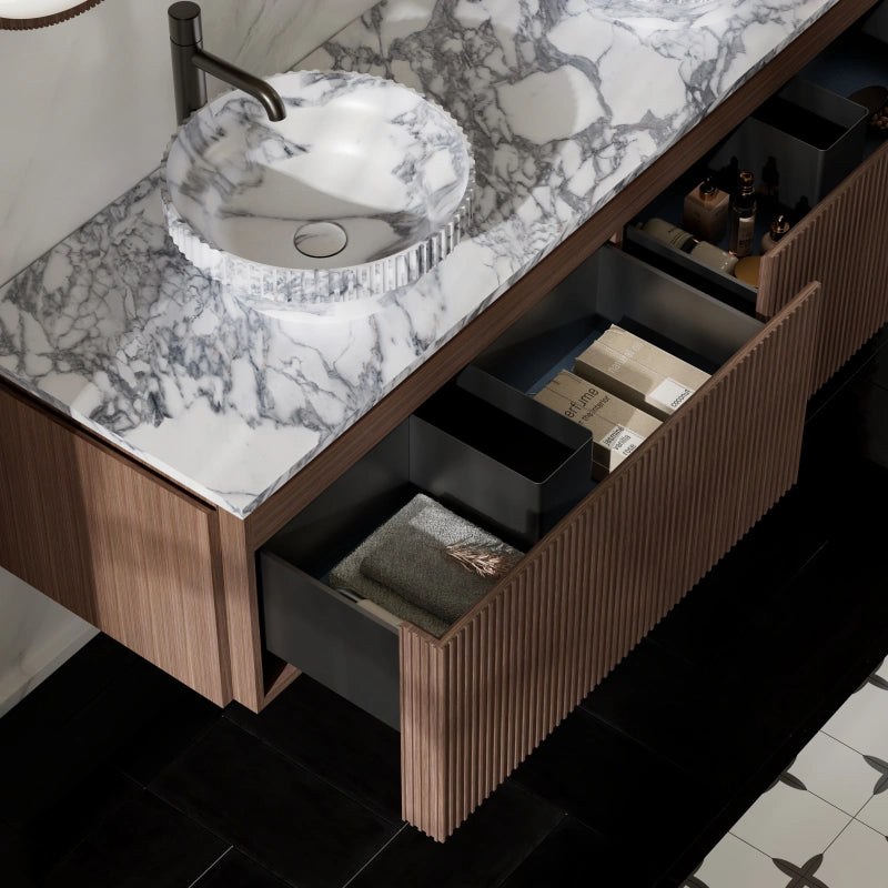 MonBlari Black Walnut Bathroom Vanity with Marble Basin and Two Storage Drawers