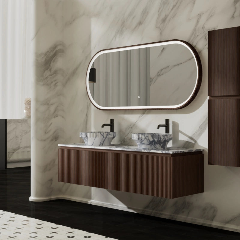 MonBlari Black Walnut Bathroom Vanity with Marble Basin and Two Storage Drawers