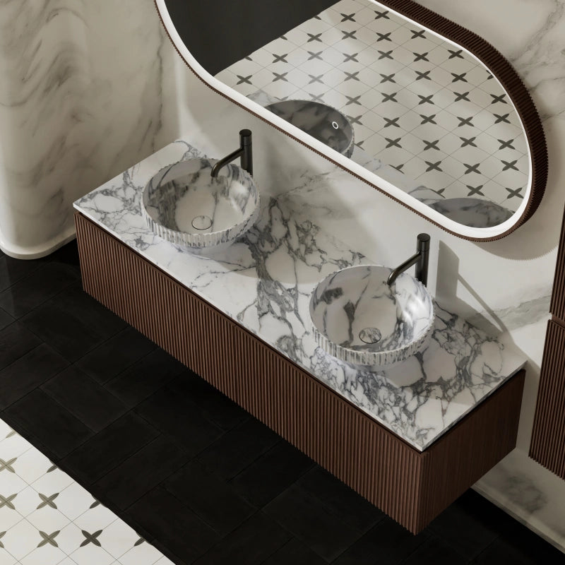 MonBlari Black Walnut Bathroom Vanity with Marble Basin and Two Storage Drawers