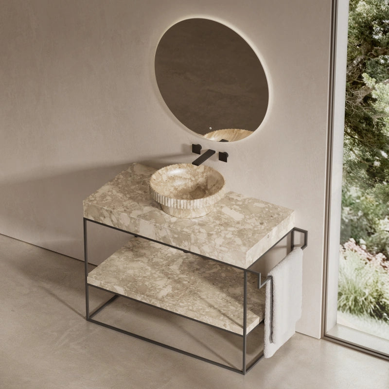 16 Inch MonBlari Round Marble Bathroom Vessel Sink Fluted
