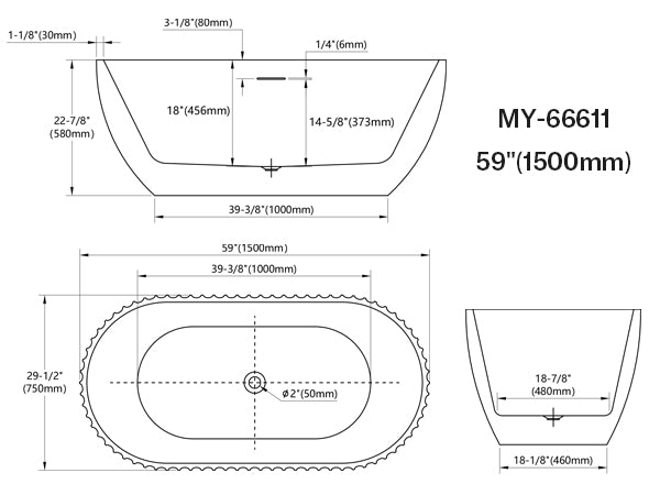 59-67 Inch MonBlari Matte White Acrylic Freestanding Bathtub Fluted Soaking Tub