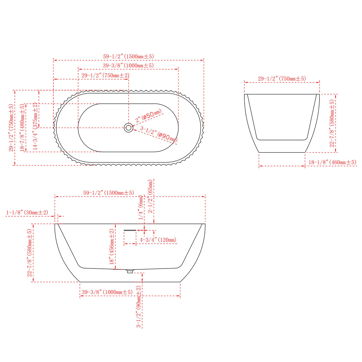 59-67 Inch MonBlari Matte White Acrylic Freestanding Bathtub Fluted Soaking Tub