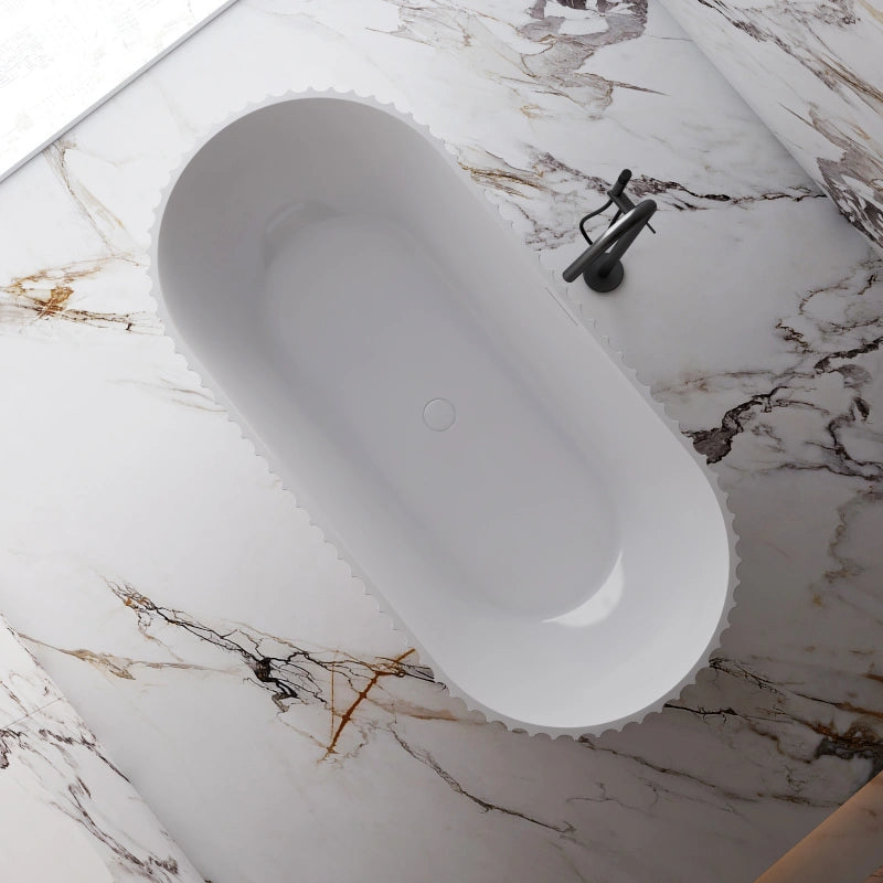 59-67 Inch MonBlari Matte White Acrylic Freestanding Bathtub Fluted Soaking Tub