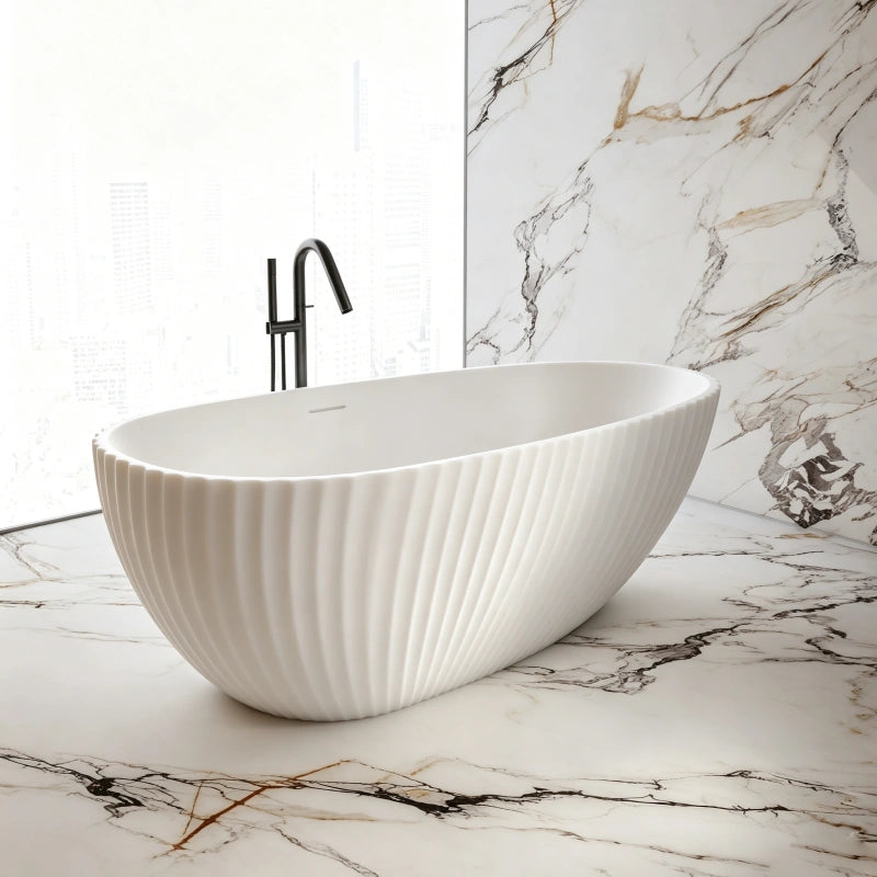 67 Inch MonBlari Matte White Acrylic Freestanding Bathtub Fluted