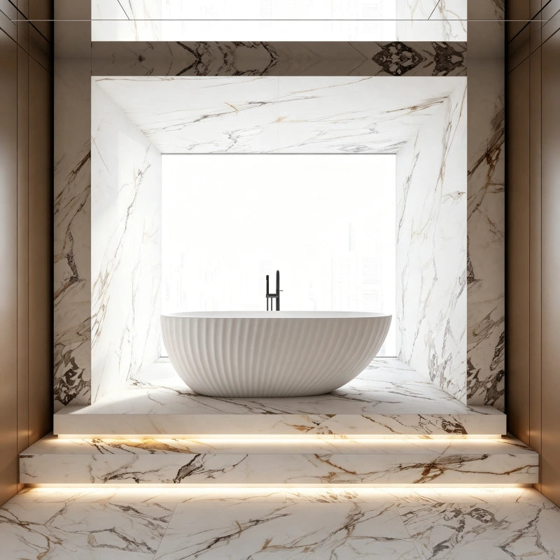 67 Inch MonBlari Matte White Acrylic Freestanding Bathtub Fluted