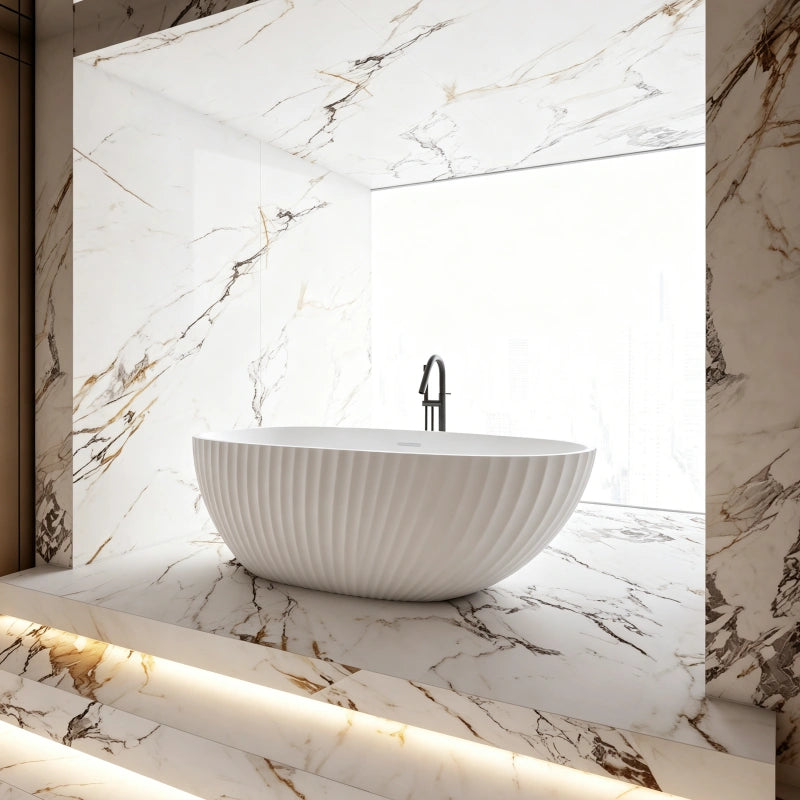 67 Inch MonBlari Matte White Acrylic Freestanding Bathtub Fluted
