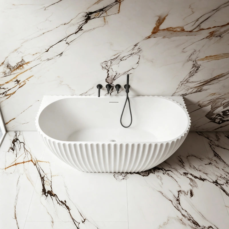 59-67 Inch MonBlari Matte White Acrylic Freestanding Bathtub Fluted