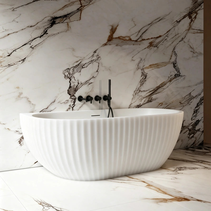 59-67 Inch MonBlari Matte White Acrylic Freestanding Bathtub Fluted