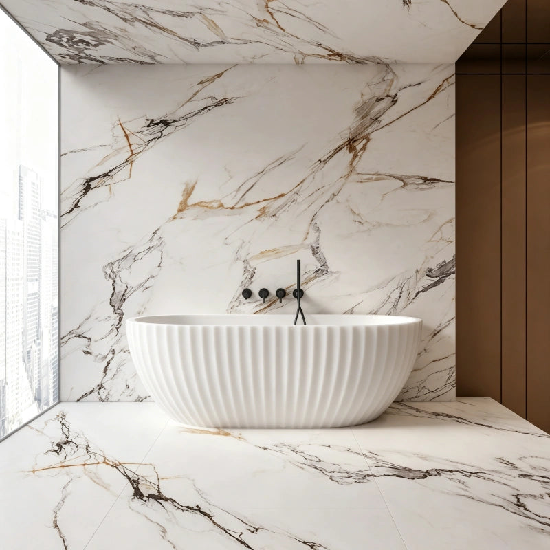 59-67 Inch MonBlari Matte White Acrylic Freestanding Bathtub Fluted