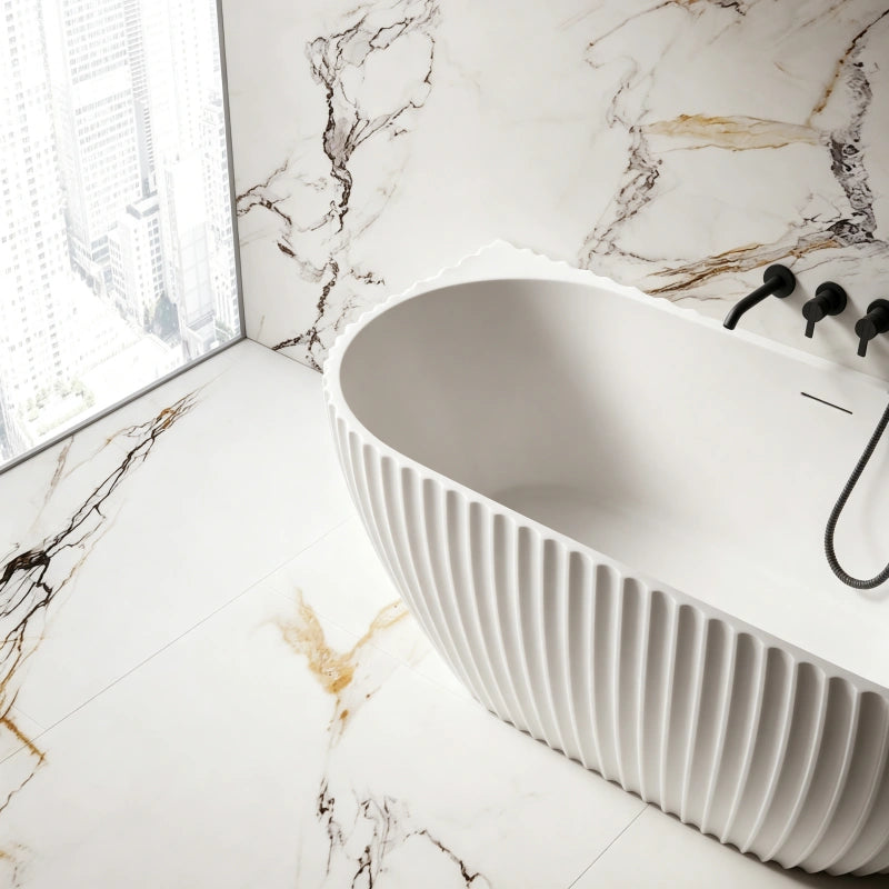 59-67 Inch MonBlari Matte White Acrylic Freestanding Bathtub Fluted
