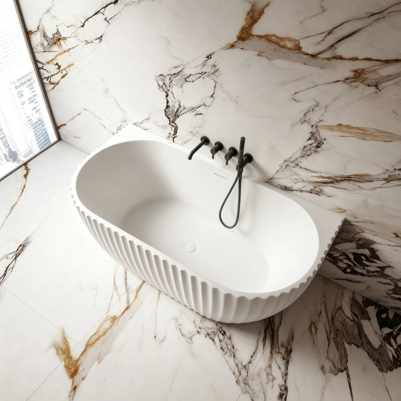 59-67 Inch MonBlari Matte White Acrylic Freestanding Bathtub Fluted
