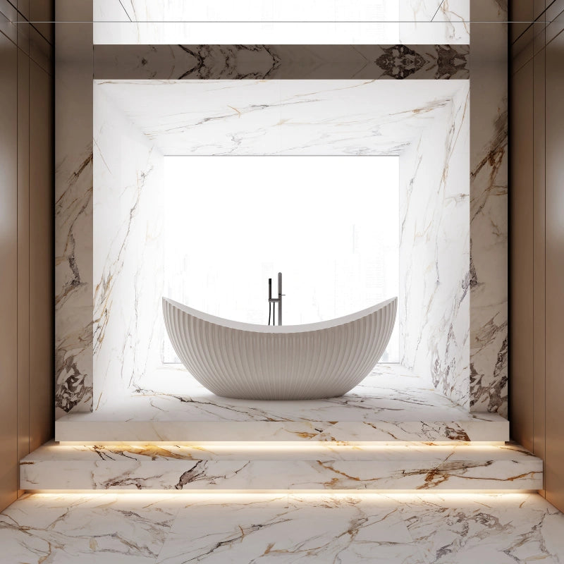 Monblari Matte White Curved Acrylic Soaking Bathtub Bathrooms Tubs Fluted