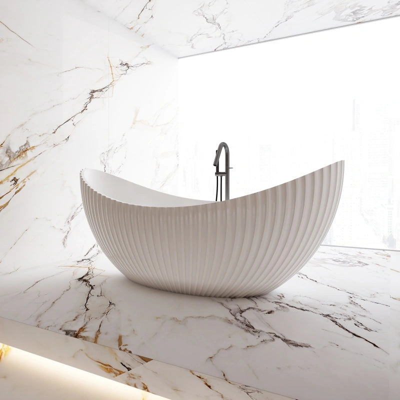 Monblari Matte White Curved Acrylic Soaking Bathtub Bathrooms Tubs Fluted