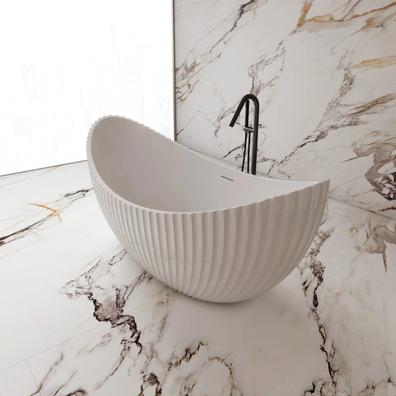 Monblari Matte White Curved Acrylic Soaking Bathtub Bathrooms Tubs Fluted