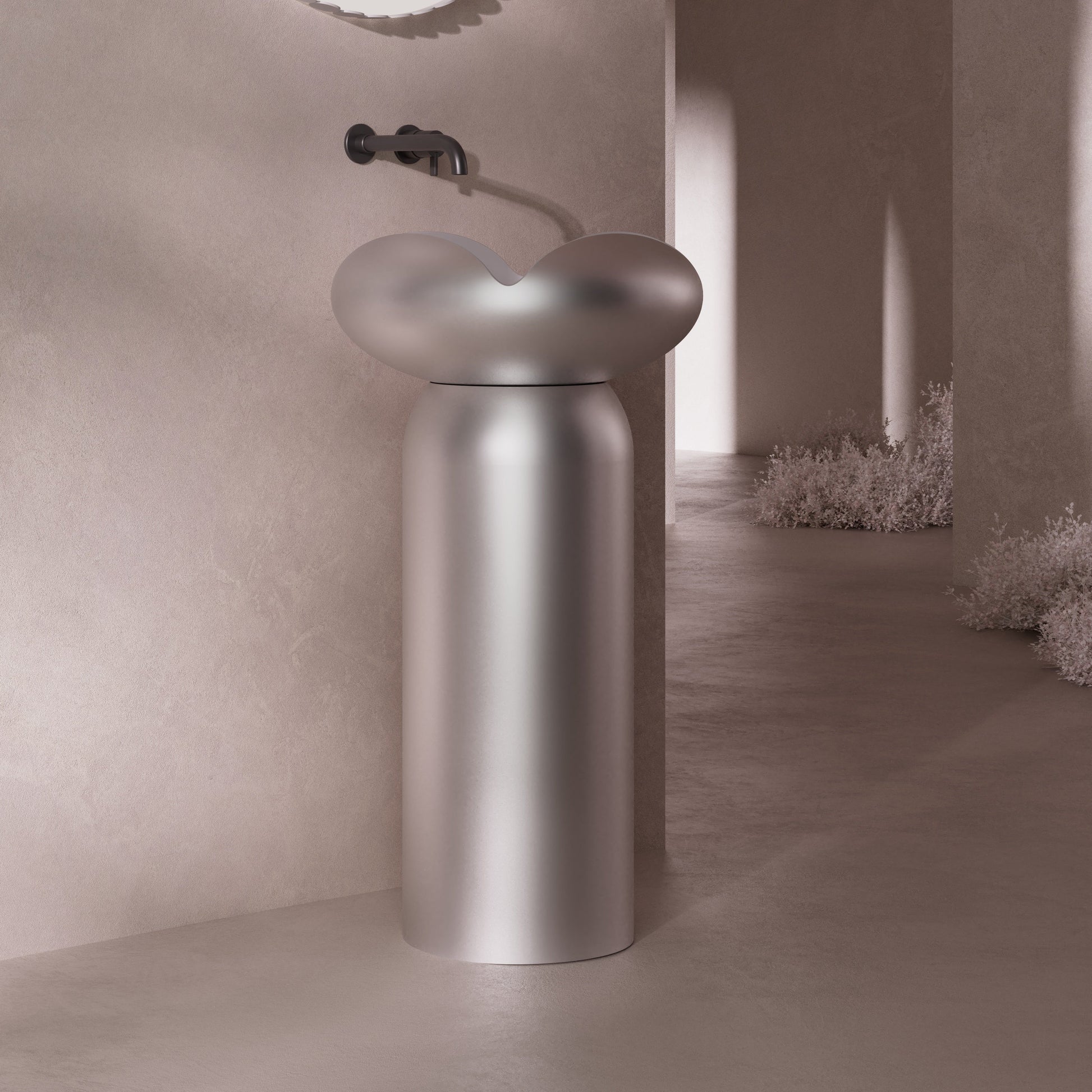 MonBlari_FLOWER_Series_Solid_Surface_Pedestal_Sinks_Side_shot_Titanium_Gray