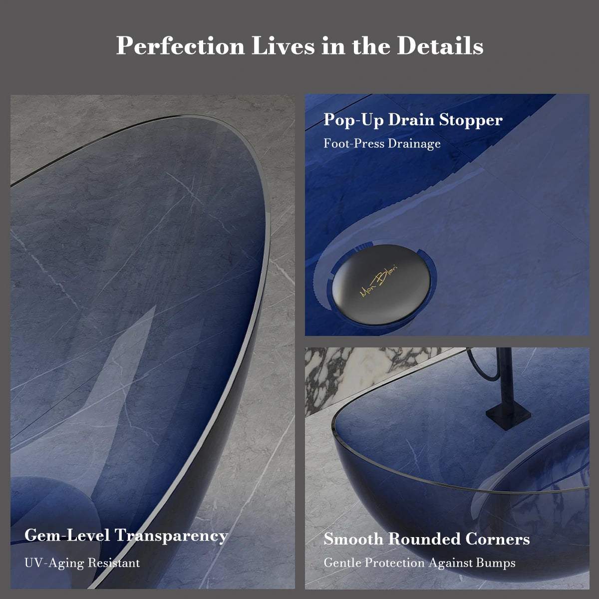 70.9" Monblari Blue Resin Bathtub — Soaking Luxury Freestanding Bathtub