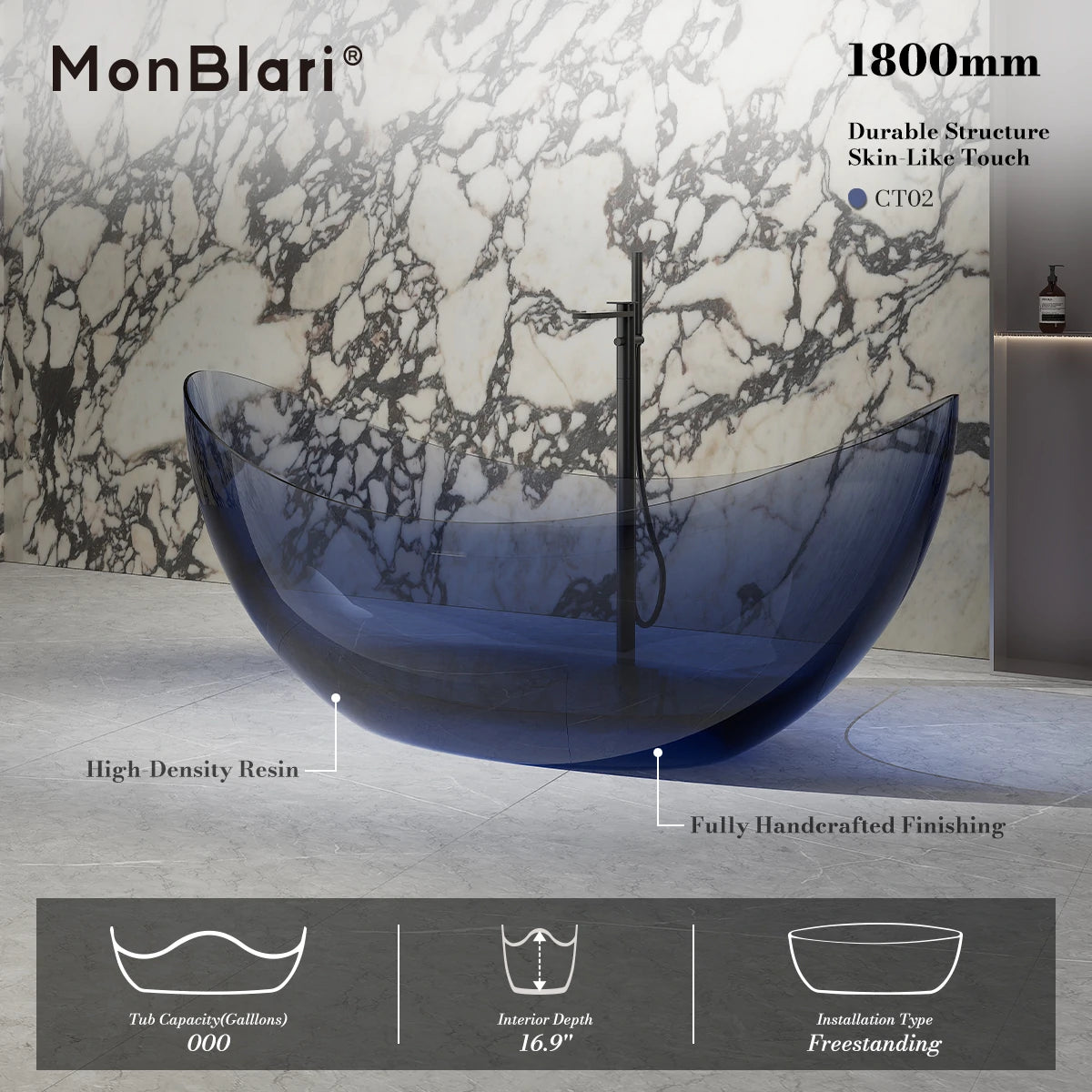70.9" Monblari Blue Resin Bathtub — Soaking Luxury Freestanding Bathtub