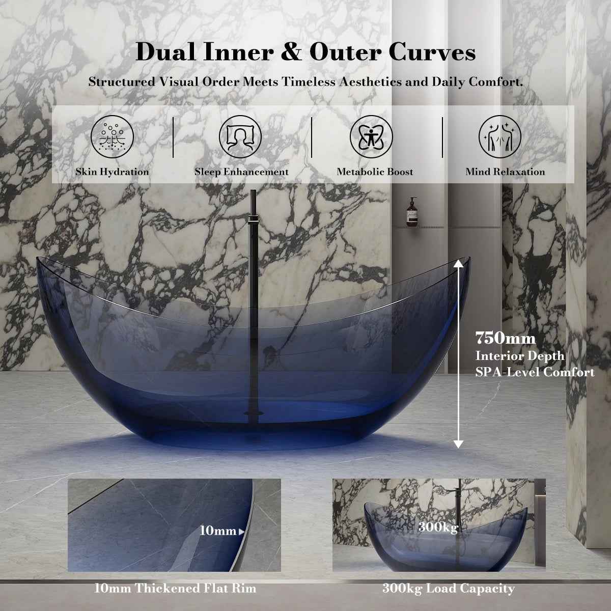 70.9" Monblari Blue Resin Bathtub — Soaking Luxury Freestanding Bathtub