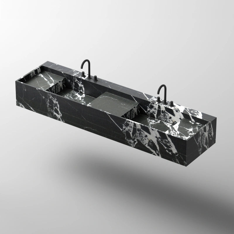 MonBlari SQUARE CLTY Series Fluted Black Marble Wall-Mounted Double Sink