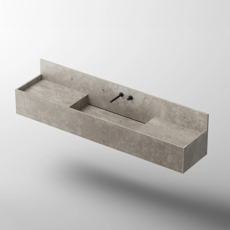MonBlari SQUARE CLTY Series Fluted Marble Wall-Mounted Bathroom Sink with Backsplash