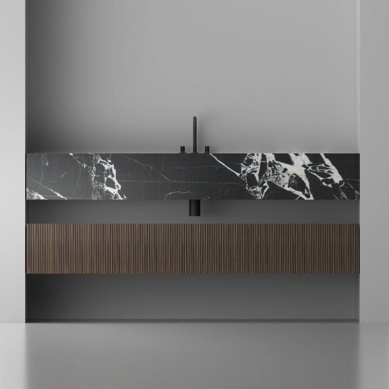 MonBlari SQUARE CLTY Series Black Marble Bathroom Vanity Set with Open Storage