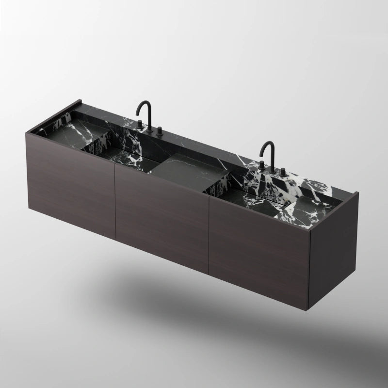 MonBlari SQUARE CLTY Series Black Marble Double Sink with Wood Bathroom Cabinet