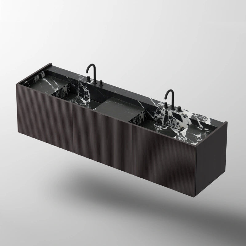 MonBlari SQUARE CLTY Series Wall-Hung Fluted Black Marble Double Sink Vanity