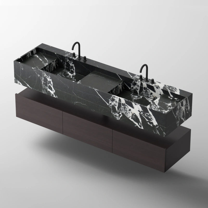 MonBlari SQUARE CLTY Series Sculpted Black Marble Double Sink Vanity with Open Storage