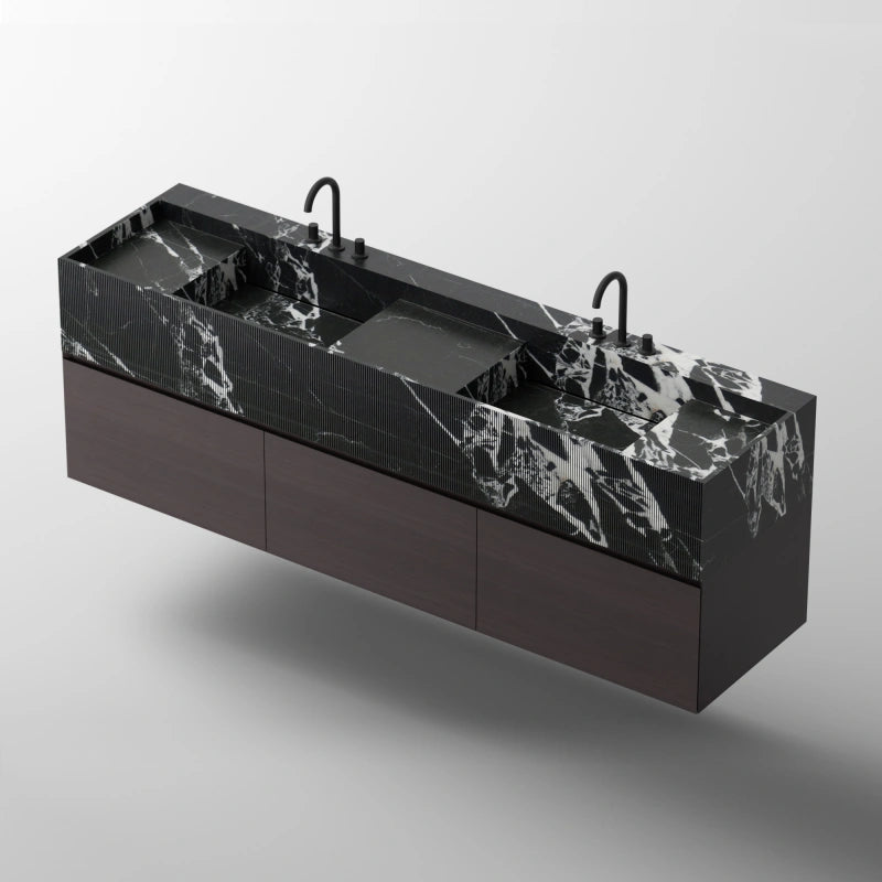 MonBlari SQUARE CLTY Series Fluted Black Marble Floating Bathroom Vanity with 3 Drawers
