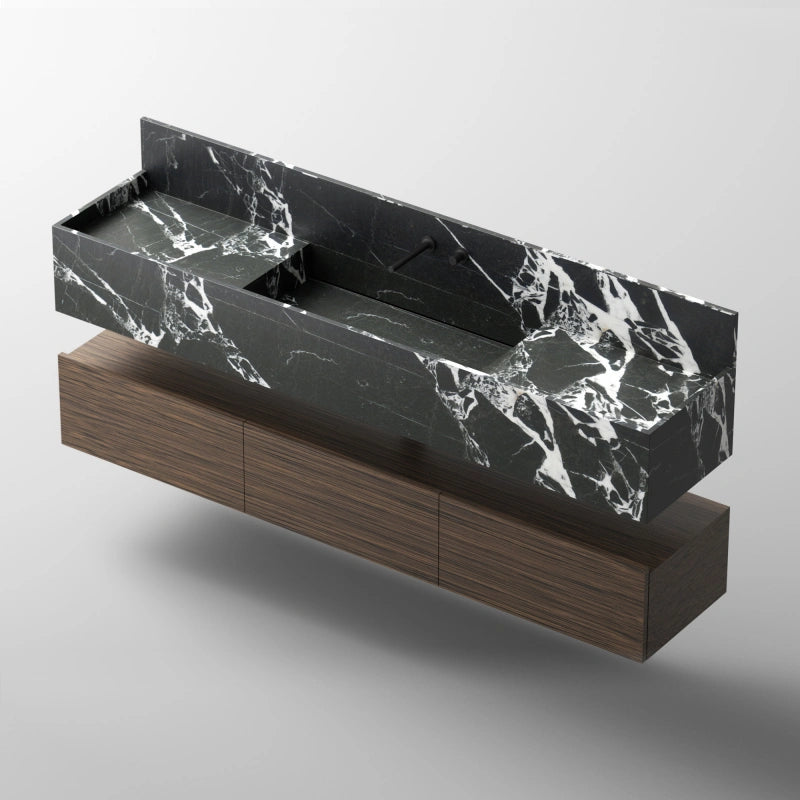 MonBlari SQUARE CLTY Series Sculpted Black Marble Sink Vanity with Backsplash