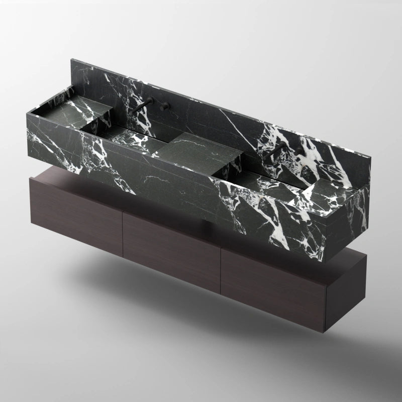 MonBlari SQUARE CLTY Series Black Marble Double Bathroom Vanity with Open Storage