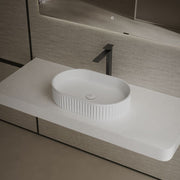 Matte White Oval Stone Countertop Wash Basin Modern Bathroom Sink Side Top View