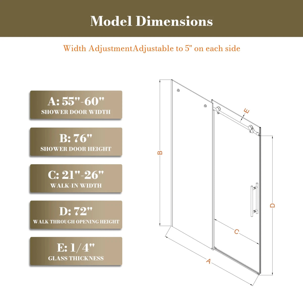 MonBlari Gold Sliding Glass Shower Door 60" x 76"
