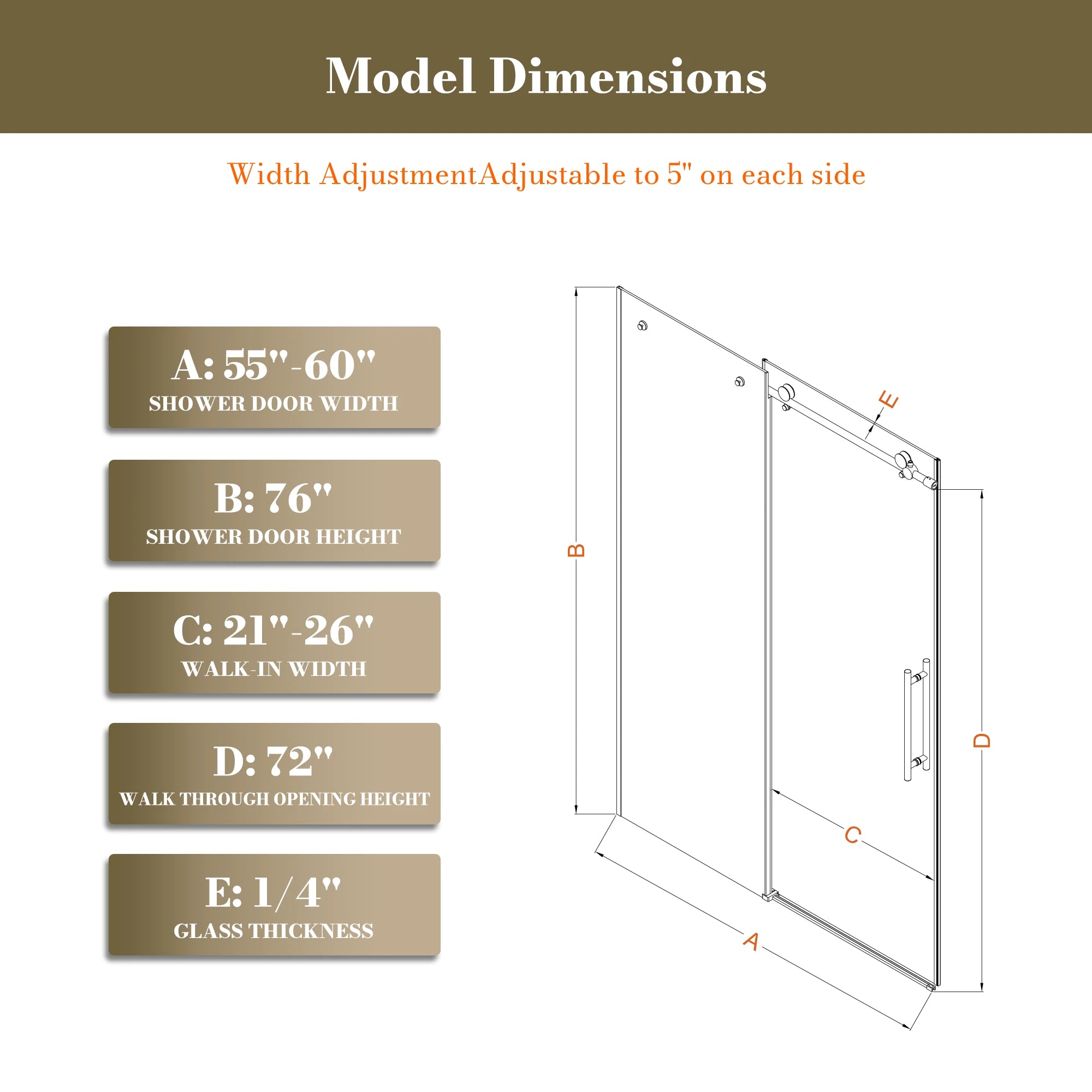 MonBlari Gold Sliding Glass Shower Door 60" x 76"