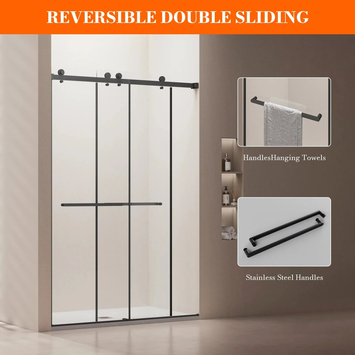 MonBlari Black Contemporary Sliding Glass Shower Door 60" x 76"