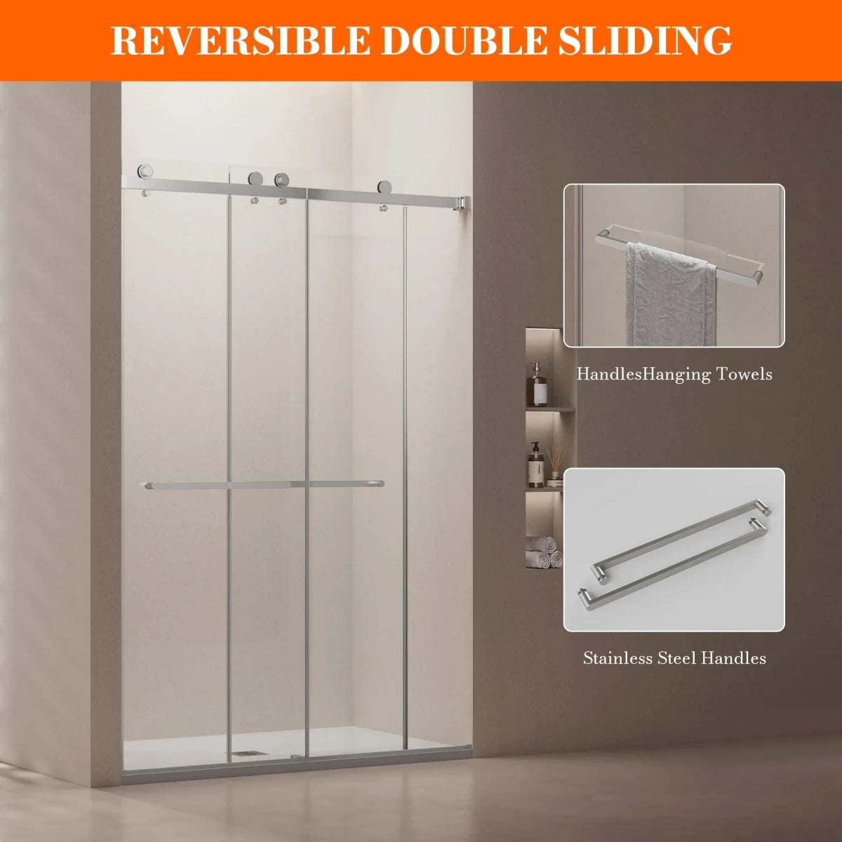 MonBlari Silver Contemporary Sliding Glass Shower Door 60" x 76"