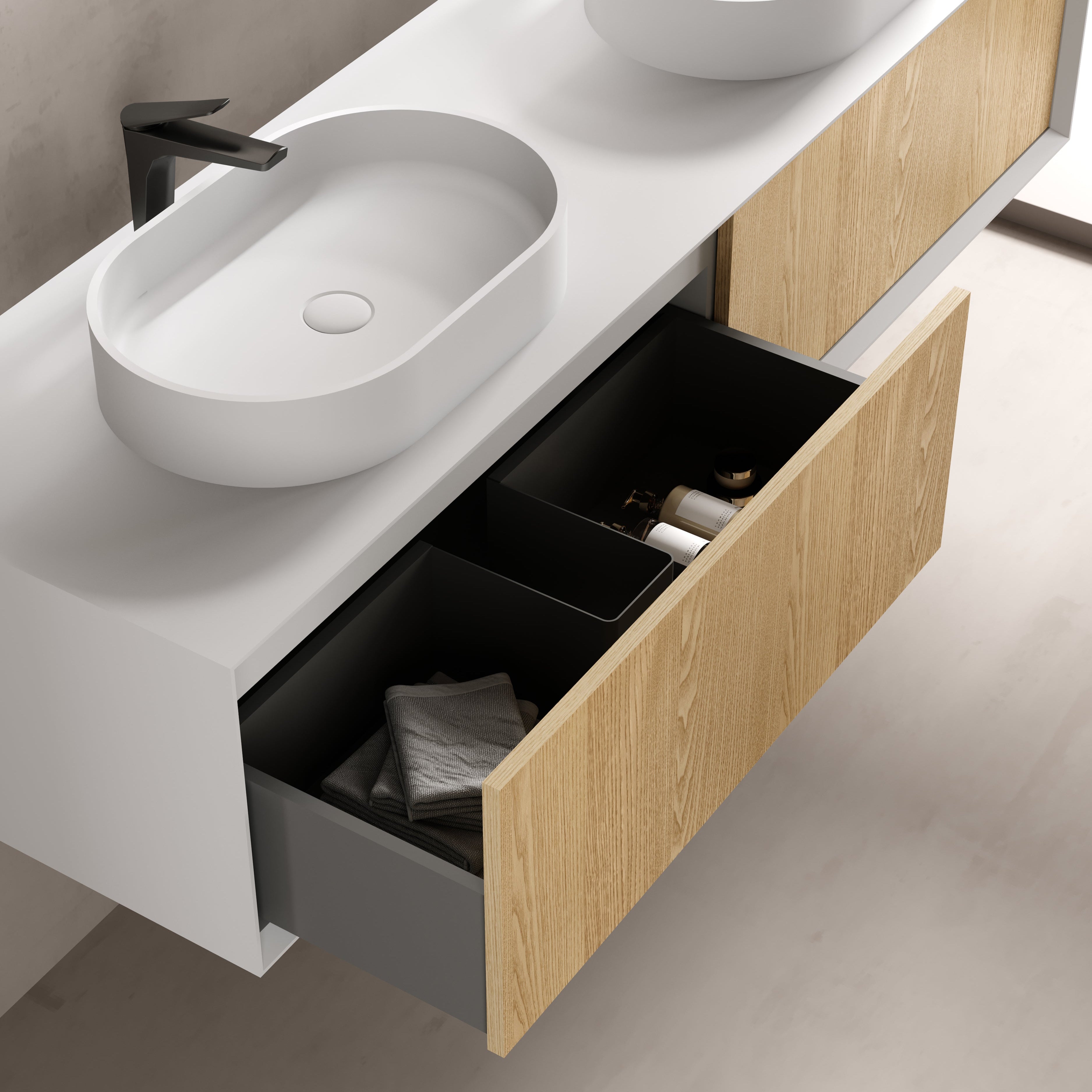 MonBlari Solid Surface Vanity With Mirror TW-2202-BACK TO WALL-SideTopCloseUp