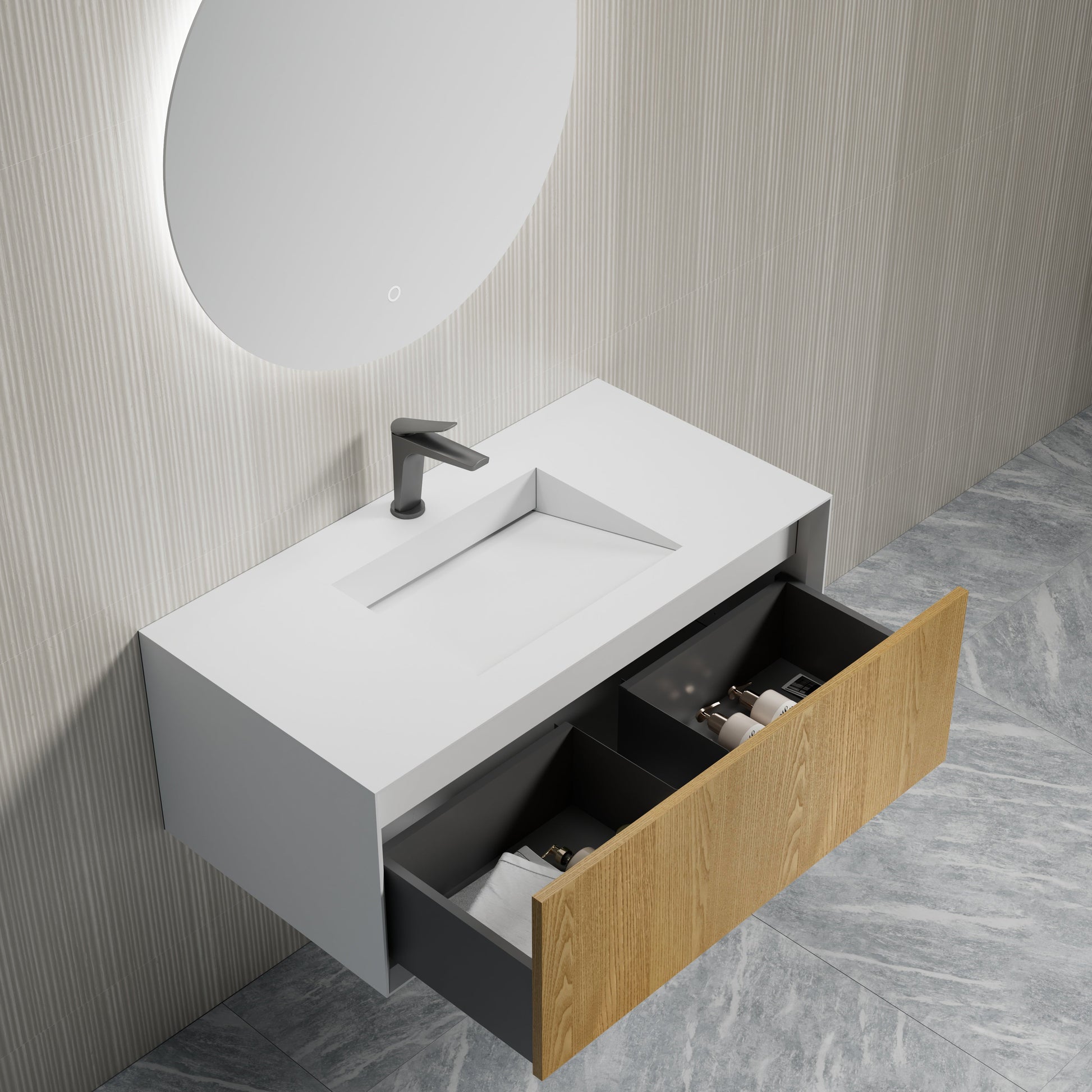 MonBlari Solid Surface Vanity With Mirror TW-2501-BACK TO WALL-SideTopCloseUp