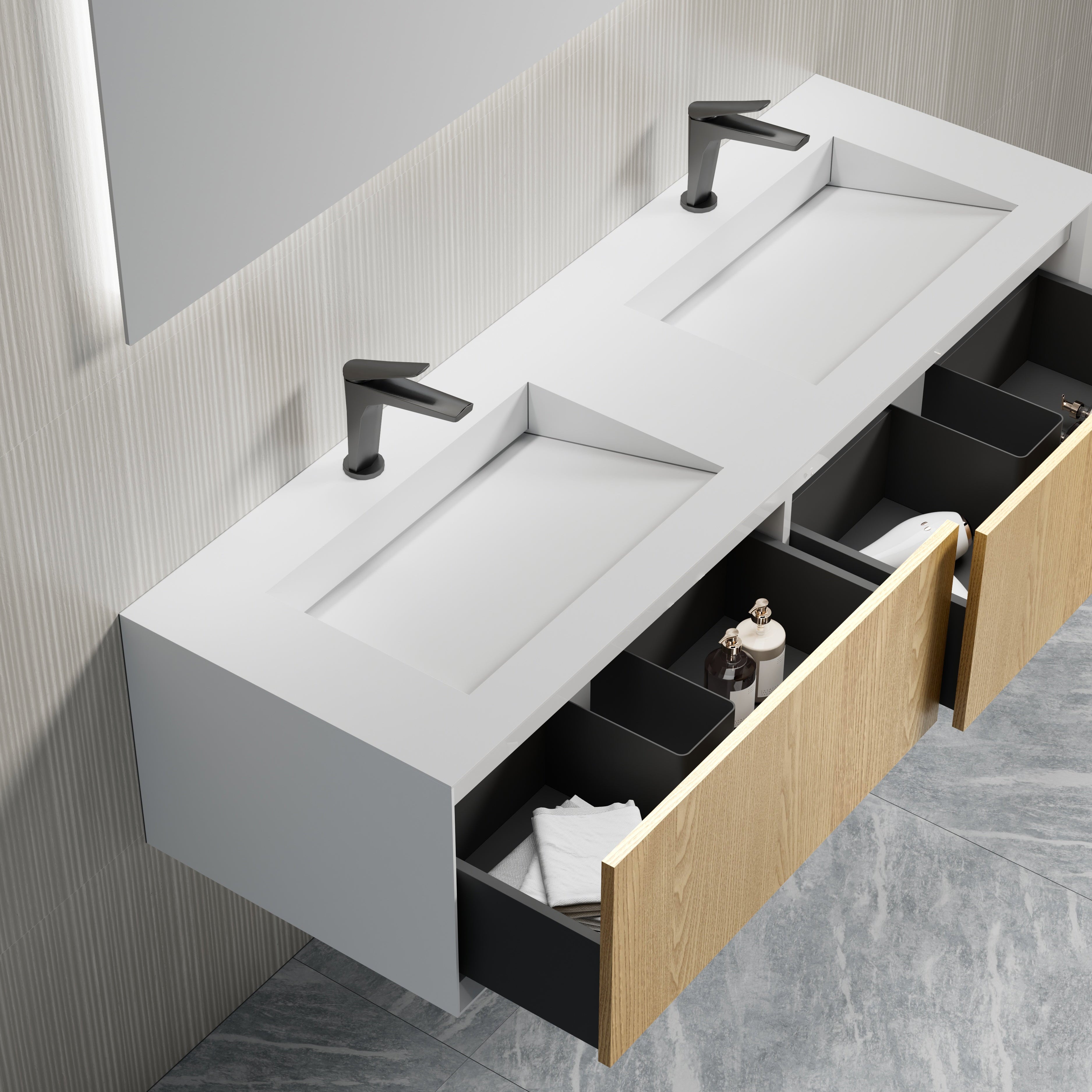 MonBlari Solid Surface Vanity With Mirror TW-2502-BACK TO WALL-SideTop