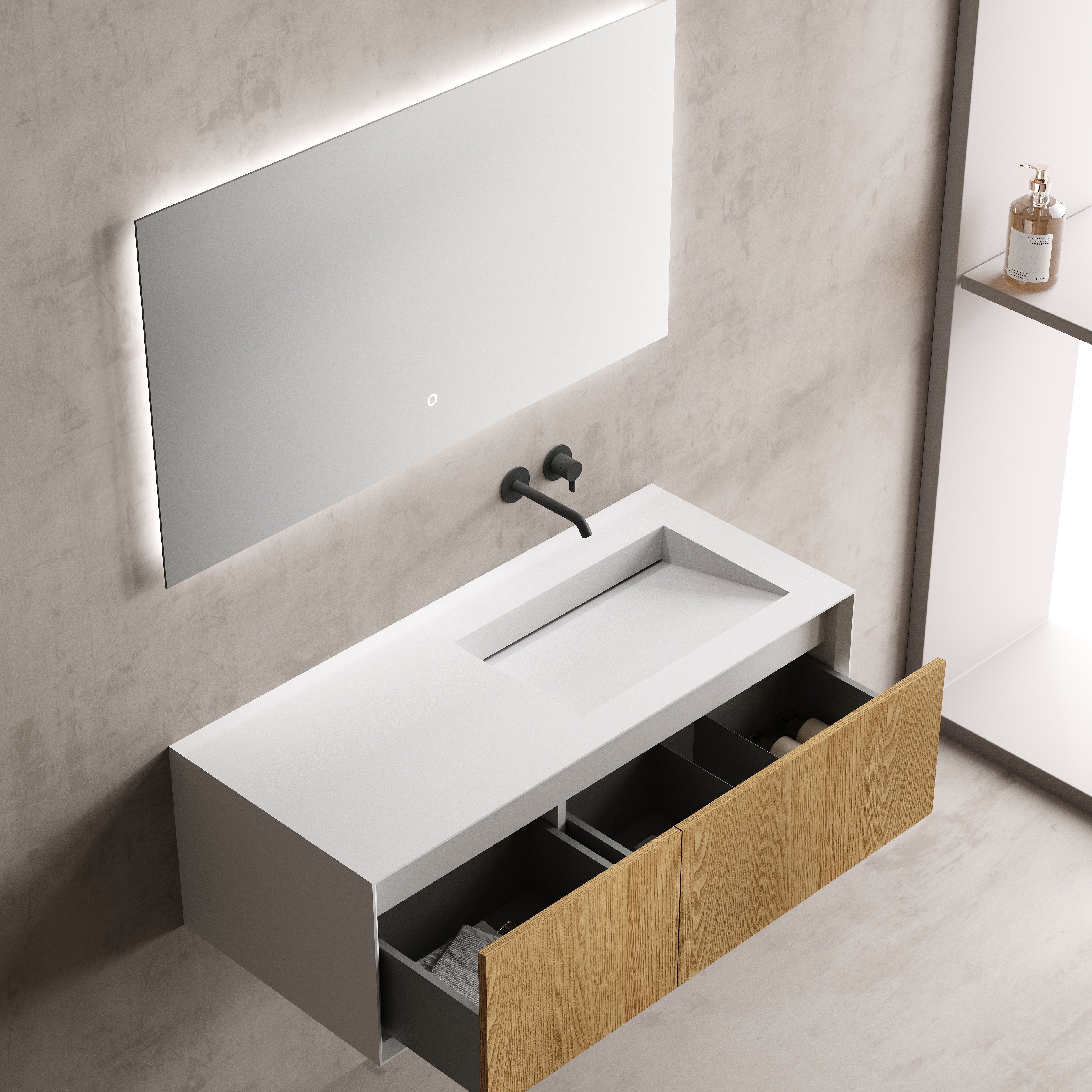 MonBlari Solid Surface Vanity With Mirror TW-2503-BACK TO WALL-SideTopCloseUp