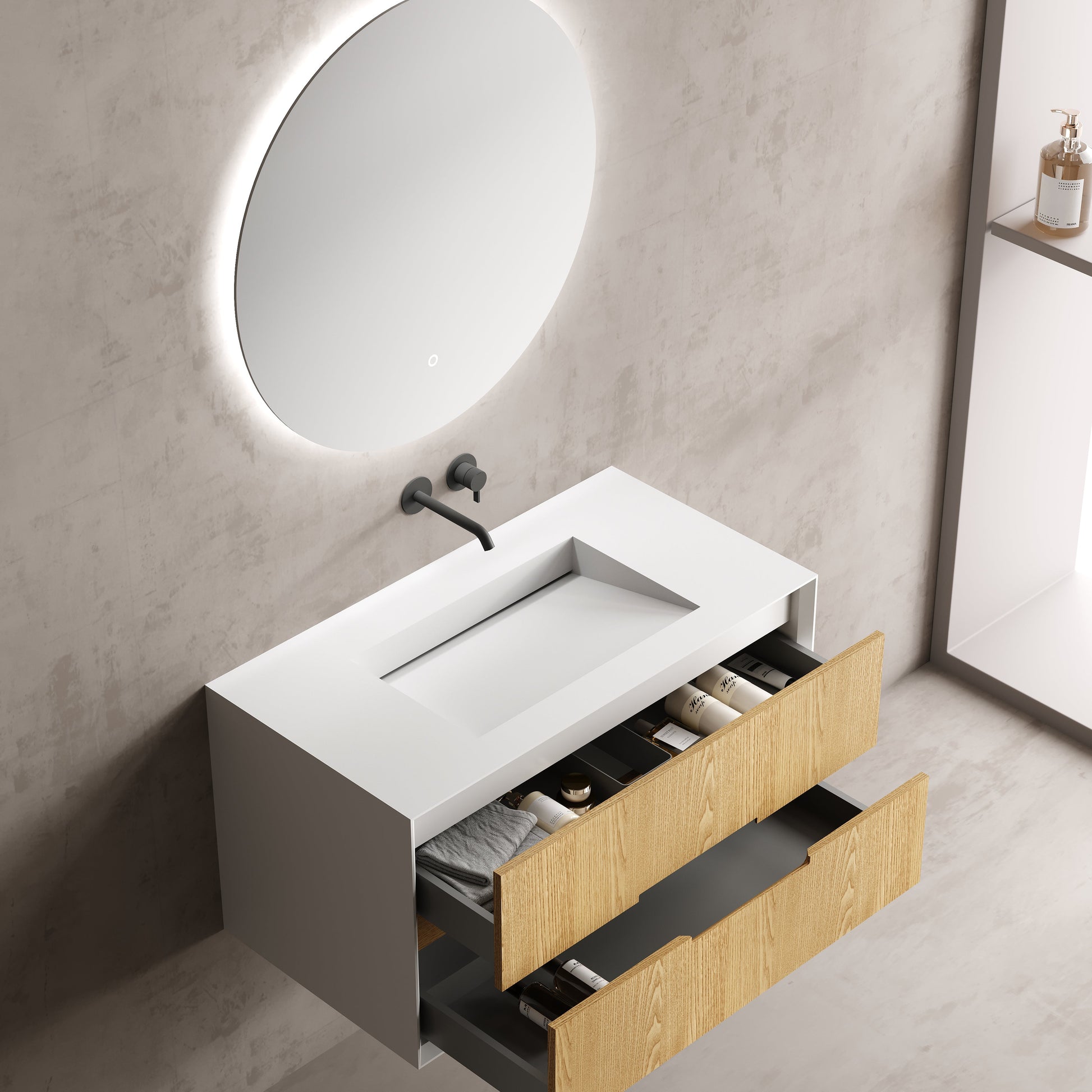 MonBlari Solid Surface Vanity With Mirror TW-2801-BACK TO WALL-SideTopCloseUp