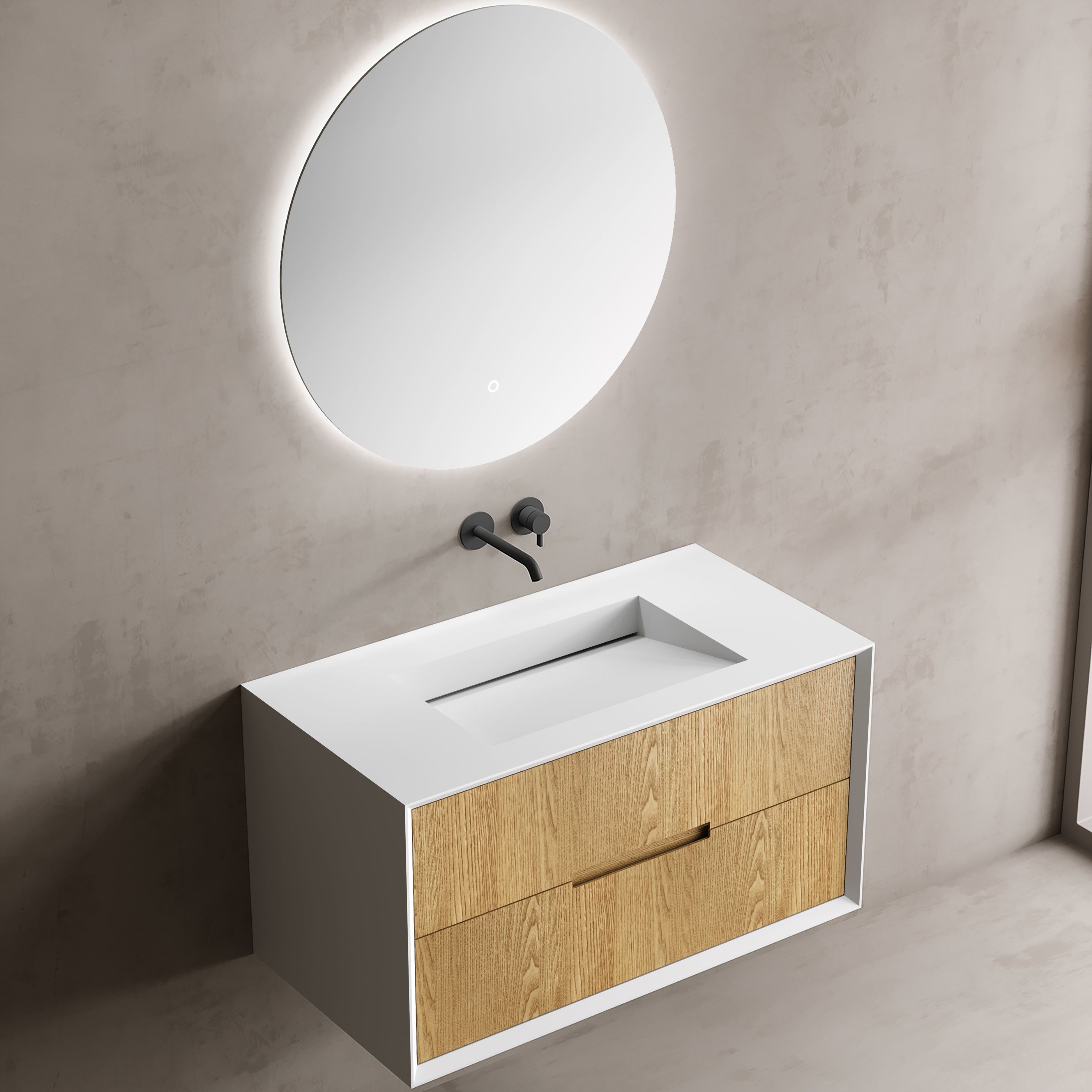 MonBlari Solid Surface Vanity With Mirror TW-2801-BACK TO WALL-SideTop