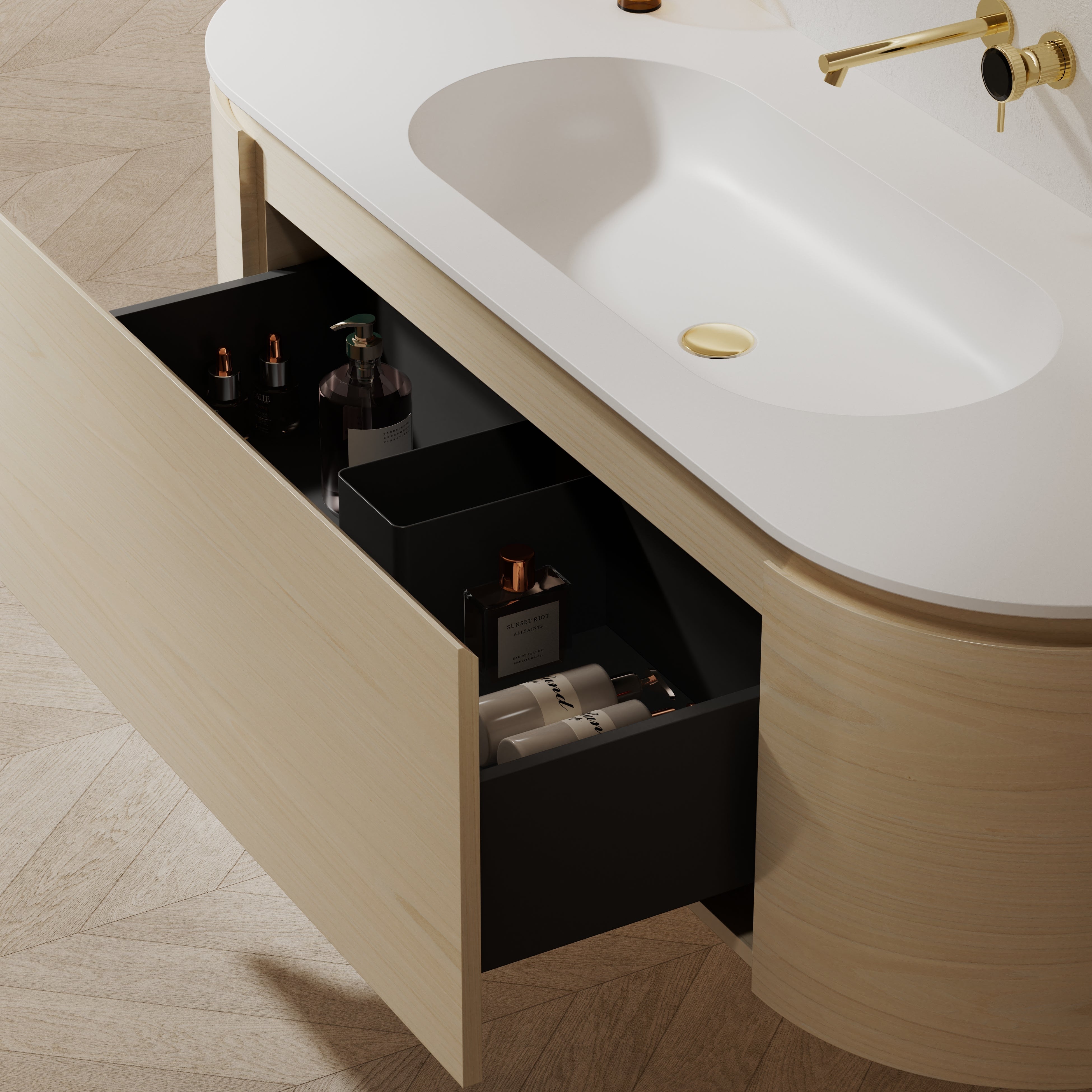 MonBlari Solid Surface Vanity With Mirror TW-5011-BACK TO WALL-SideTopCloseUp