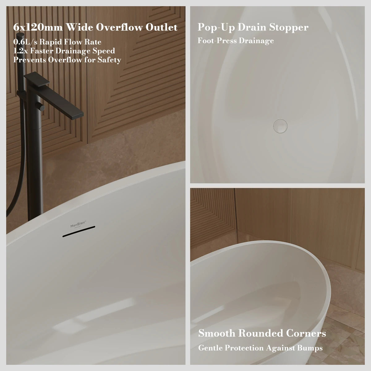 Monblari Modern Freestanding Acrylic Bathtub Soaking Bath Tub