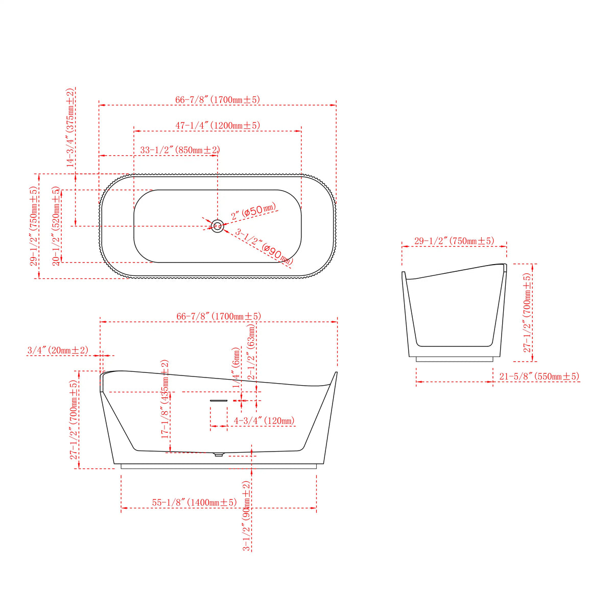 67 Inch MonBlari Matte White Acrylic Freestanding Bathtub Fluted