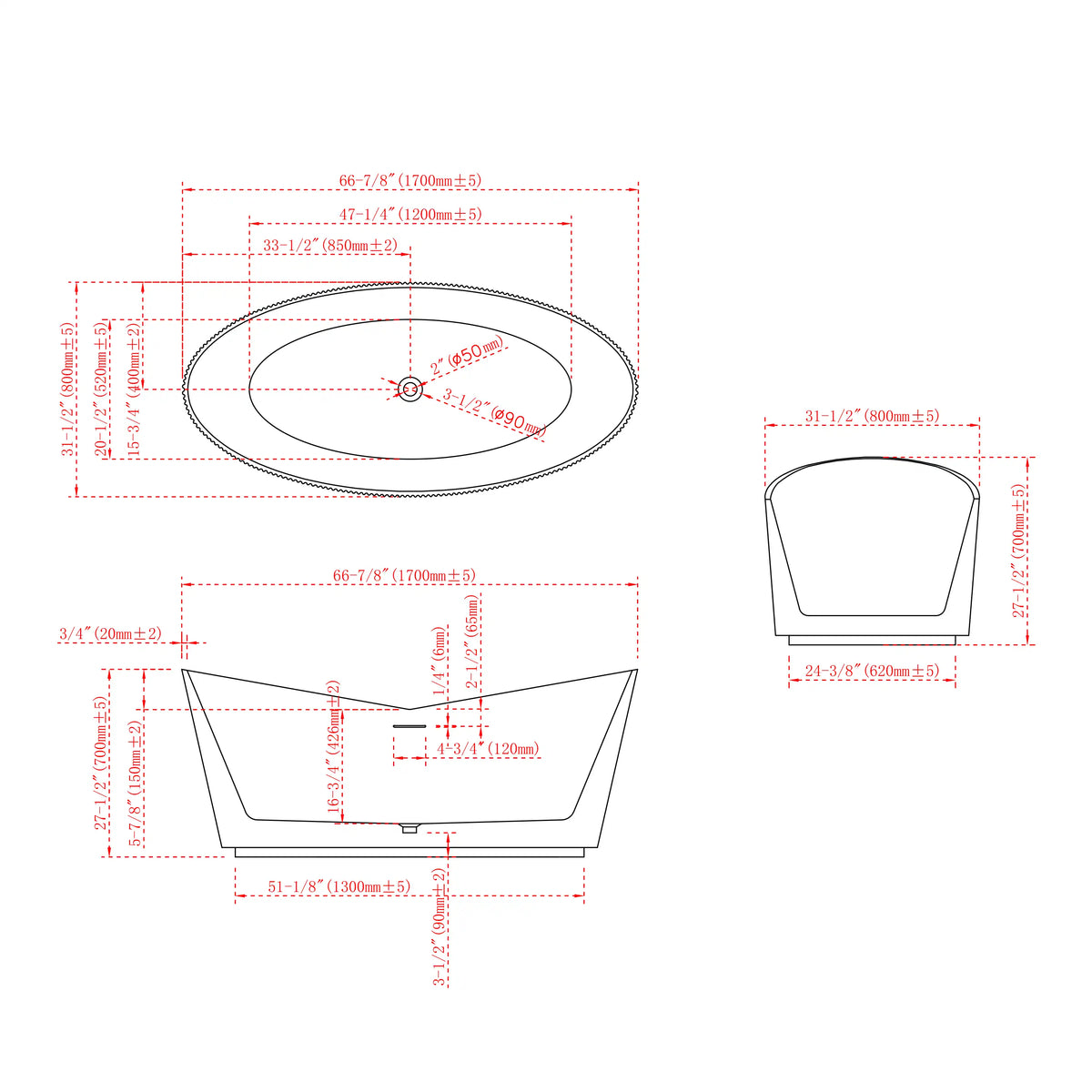 67 Inch MonBlari Matte White Acrylic Double Slipper Bathtub Fluted